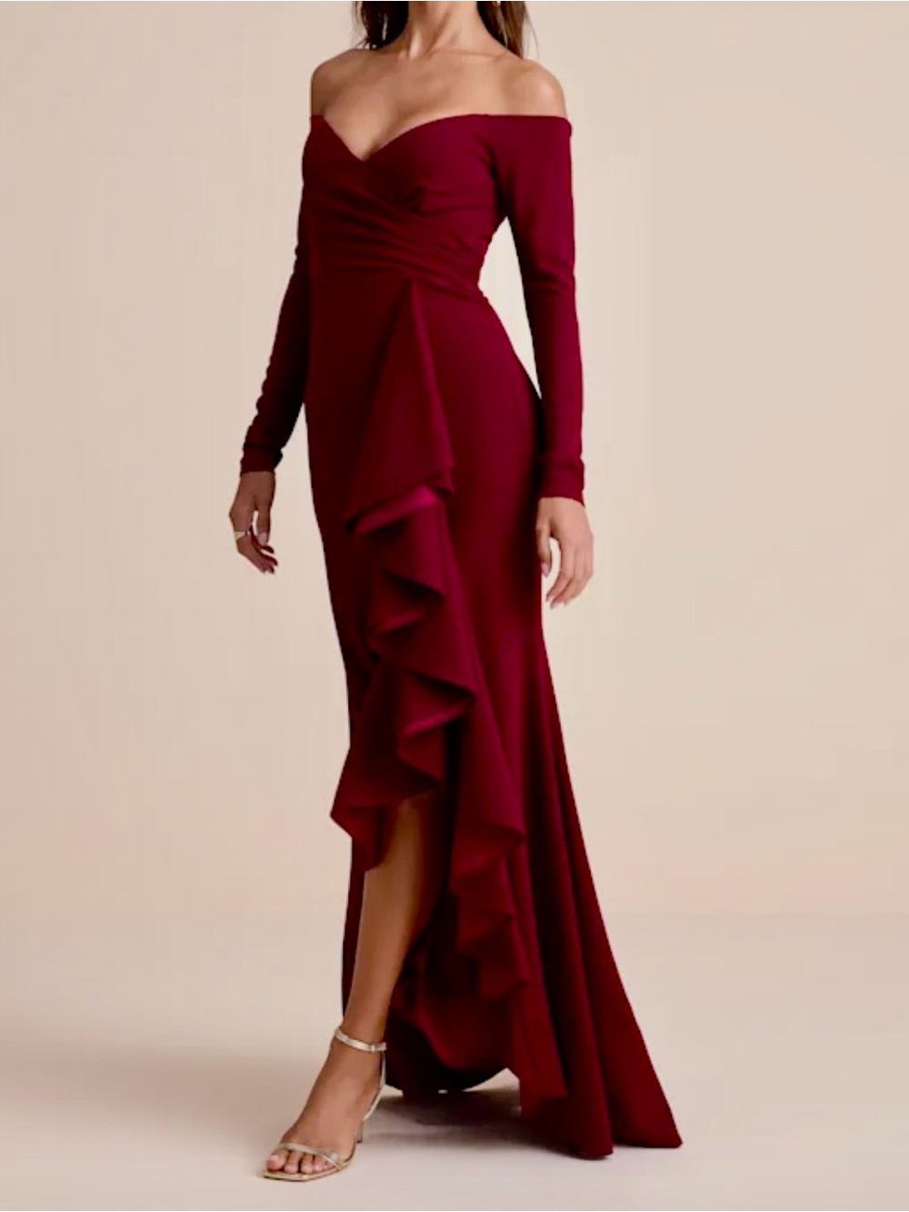 Lulu's One-Shoulder Burgundy Ruffle Gown L